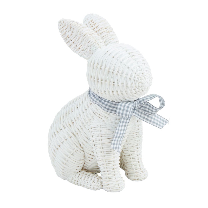 WHITE WICKER BUNNY WITH BLUE BOW