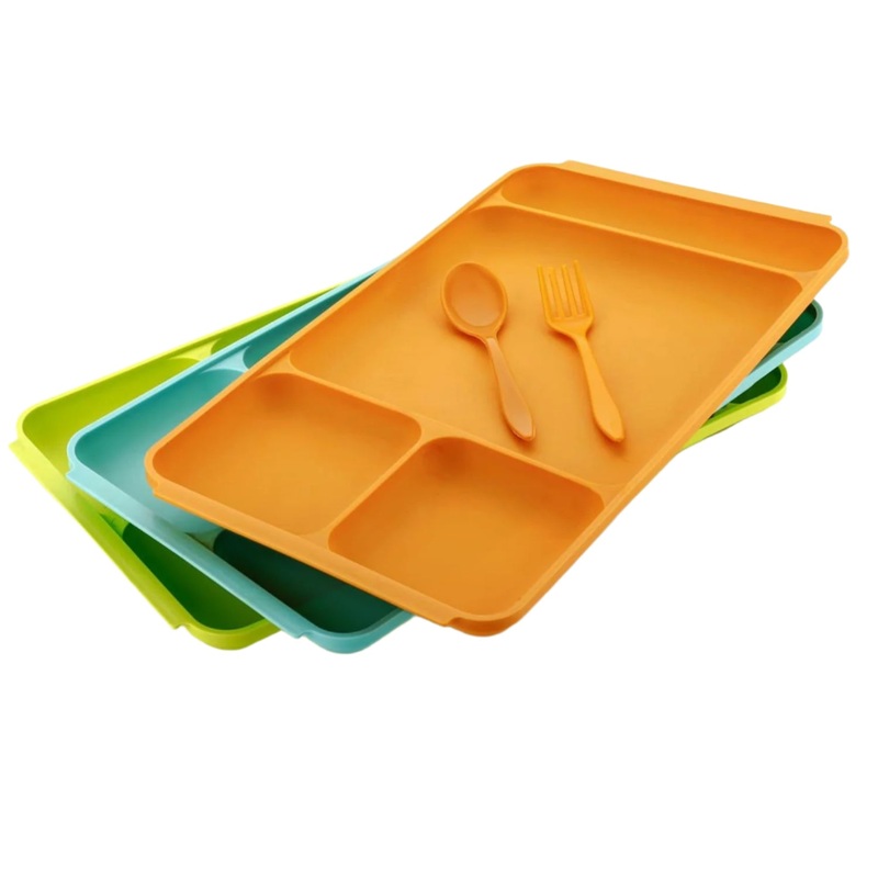 4Compartment Dish with Spoon and Fork(1 Dish Set with 1Spoon and 1Fork) Dinner Plate Plastic Compartment Plate Pav Bhaji Plate 4-Compartments Divided Plastic Food Plate.