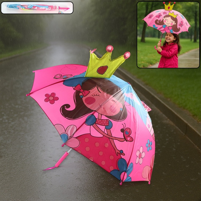 3D Kids Umbrella with Cartoon Print  Cute Waterproof Rain Umbrella (1 Pc)