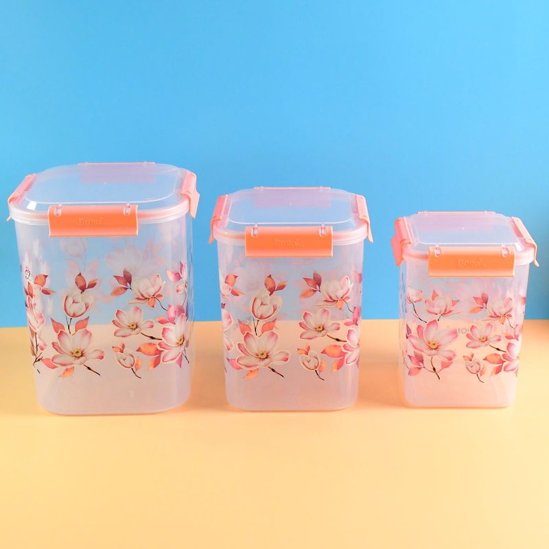 Square 3 Pcs Floral Printed Airtight Storage Container Set  Approx 2.8 Ltr, 4.5 Ltr, 6.9 Ltr (3 Pcs Set)