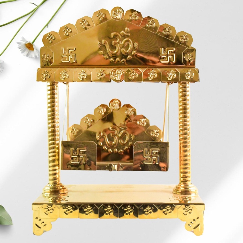 Traditional Brass-Coated Decorative Mini Jhula (Swing) for God Idol  2 Pc