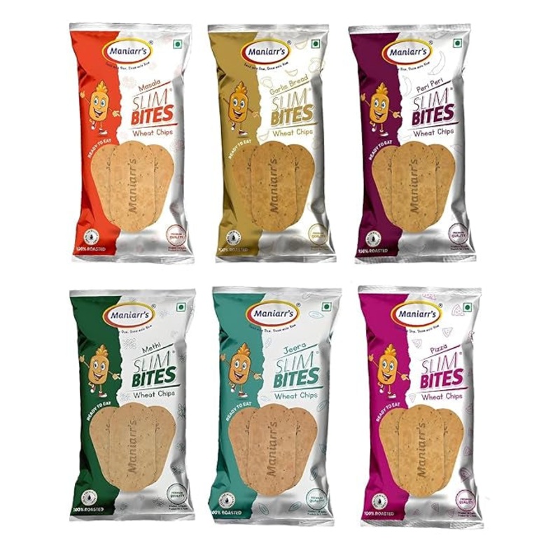 Maniarr’s Plain Slim Bites Khakhra 6 Flavors (Combo Pack of 6), 360 Grams Wheat Khakhara, Healthy & Crispy, Low Carb Snack