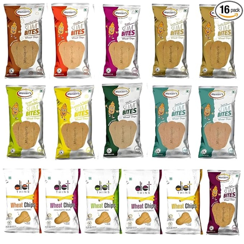Maniarr’s Plain Slim Bites Khakhra with14 Flavors (Combo Pack of 16), 790 Grams Wheat Khakhara, Healthy & Crispy, Low Carb Snack