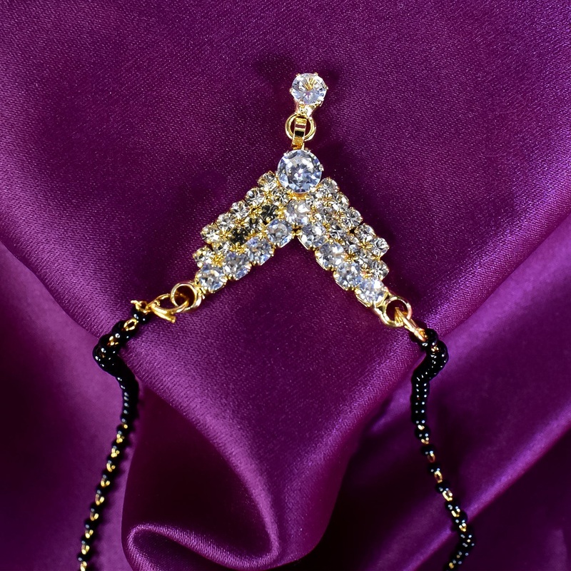 Short Gold-Plated Mangalsutra Necklace  Single Line Diamond & Black Bead Chain for Women