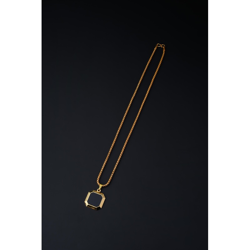 Square Double Sided Black Pendant & Gold Round Chain