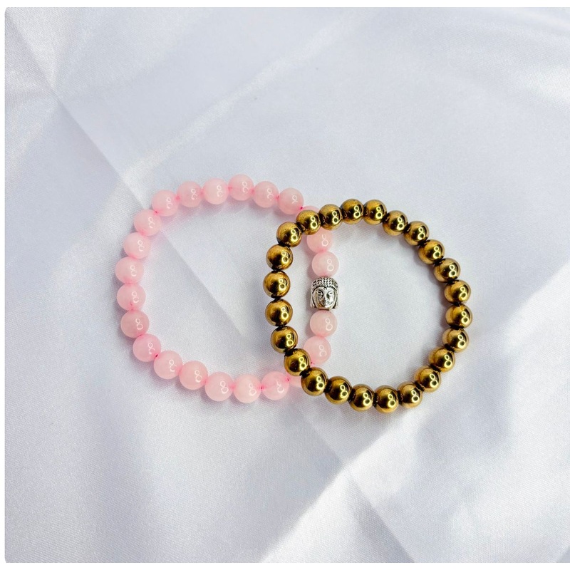 Reiki Crystal Products Natural Rose Quartz Bracelet With Buddha Head (2 pc set)