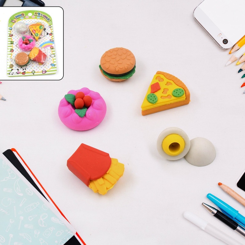 3D Food-Shaped Colorful Eraser Set  Cute Novelty Mini Erasers for Kids (5 Pc Set)