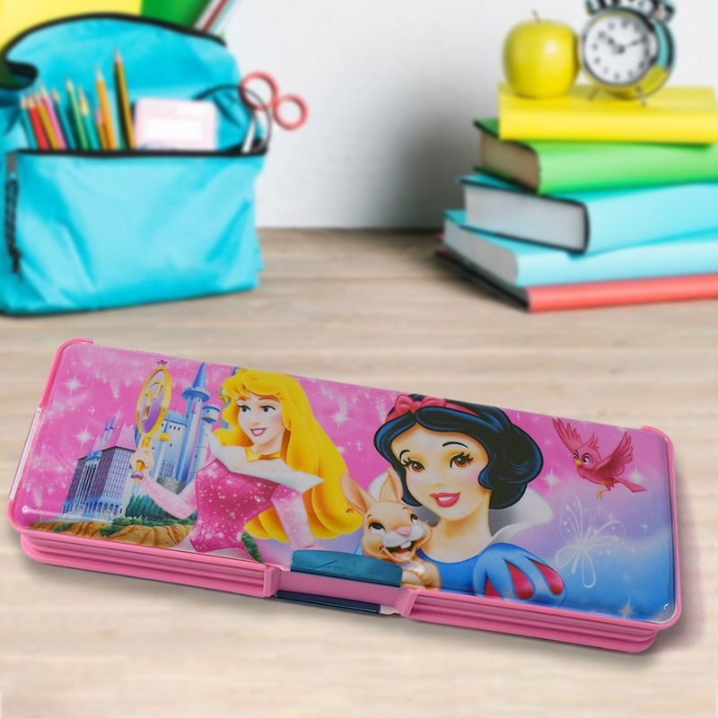 Plastic Multipurpose Compass Box  Double Deck Pencil Case with 2 Compartments & Cartoon Organizer (1 Pc, Mix Design)