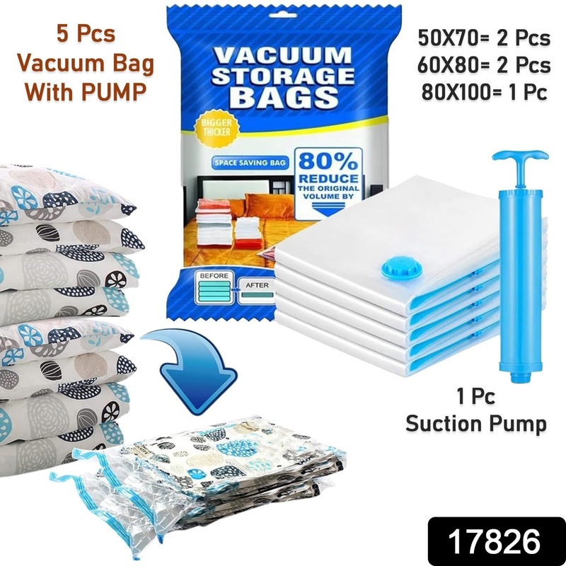 Vacuum Storage Bags with Suction Pump & Shirt clips – Vacuum Bags – Big Capacity Vacuum Seal Bags for Travel Clothes Blankets Pillows, Compression Bags | Space Saver Vacuum Storage Bags (5 Pcs Set)